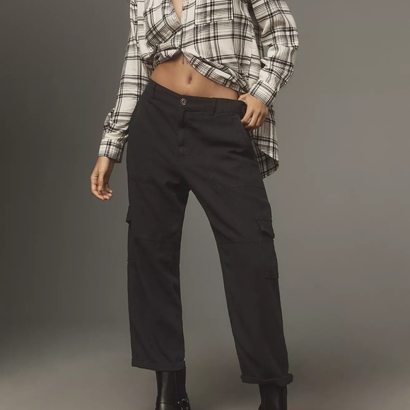 anthropologie pilcro slim linen beach cargo pants black S nwt